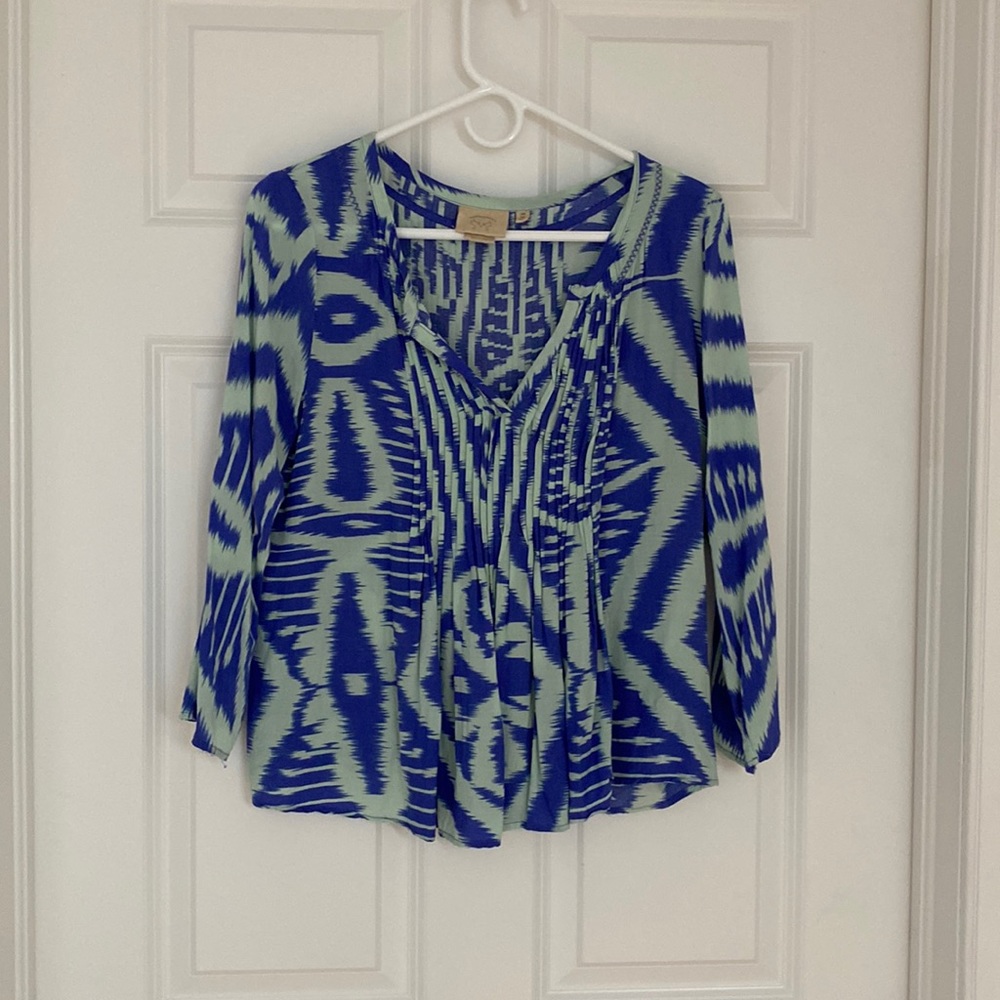 Anthropologie Vanessa Virginia Mahdia Peasant Top, Size 4, Mint and Blue